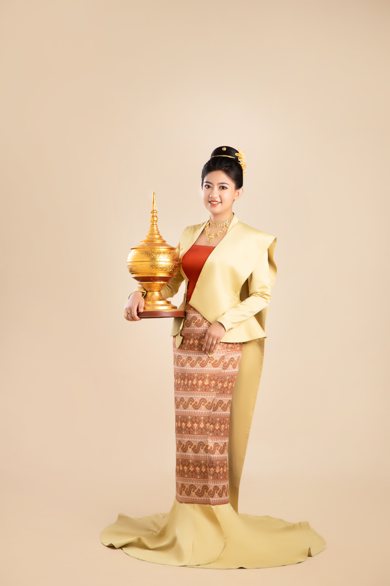 Traditional Myanmar couple portrait with classical harp